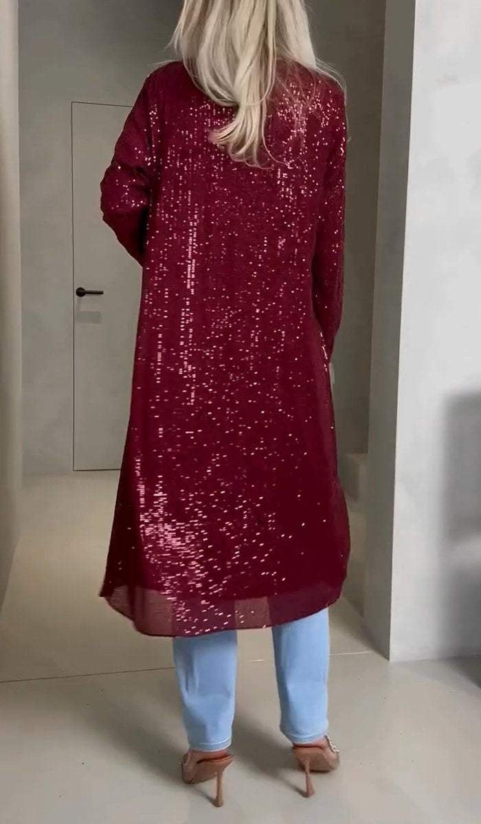 Divatos női kardigán kabát V-nyakkal és flitterekkel