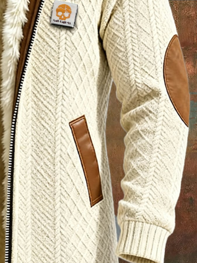 Férfi retró kötött kabát jacquard patchwork mintával, plüss béléssel, meleg, középhosszú