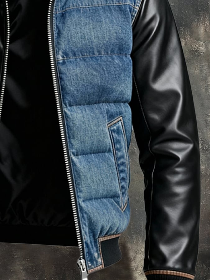 Retro férfi outdoor dzseki Tencel farmerből, steppeléssel, foltvarrott bőr részletekkel és cipzárral.