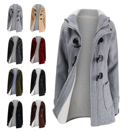 JiangWu női polár dzseki szarvgombbal és kapucnival, téli meleg kabát