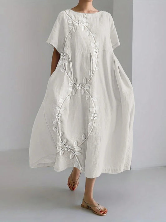 Elegáns maxiruha lenkeverékből, szőlővel hímzett