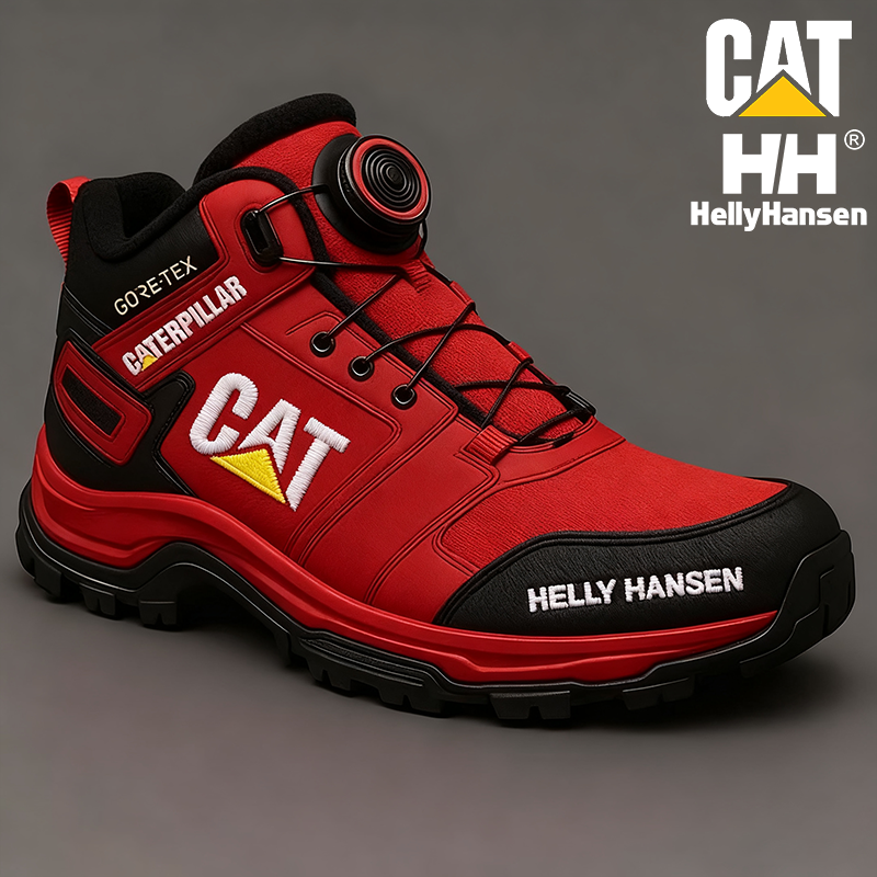 Meleg, téli, vízálló és átszúrásálló férfi munkabakancs a CAT-tól és a Helly Hansen-től.