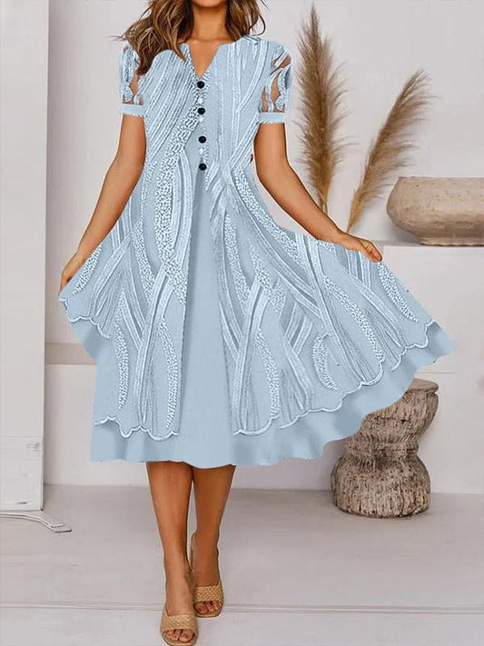 Alkalmi retro mintás V nyakú gombos rövid ujjú midi ruha