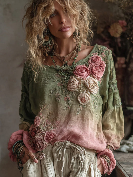 Pamut és lenvászon felső 3D rózsahímzéssel