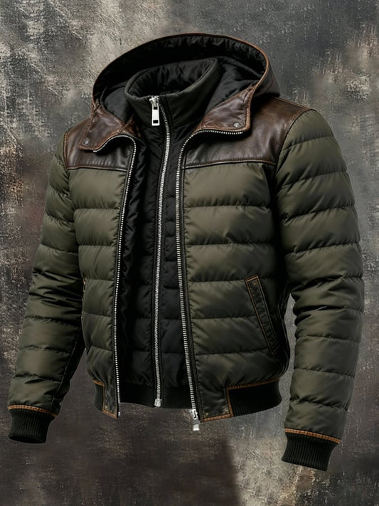 Férfi retró steppelt kabát patchwork stílusban, kétrészes, meleg, cipzáras, kültéri tevékenységekhez