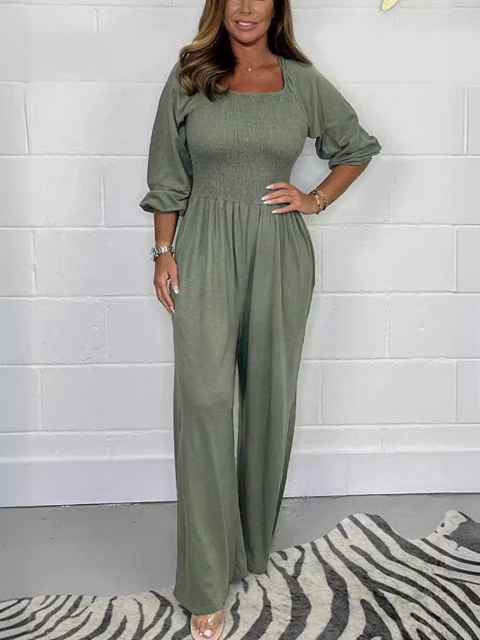 Szögletes galléros elasztikus derékú jumpsuit nyári divat