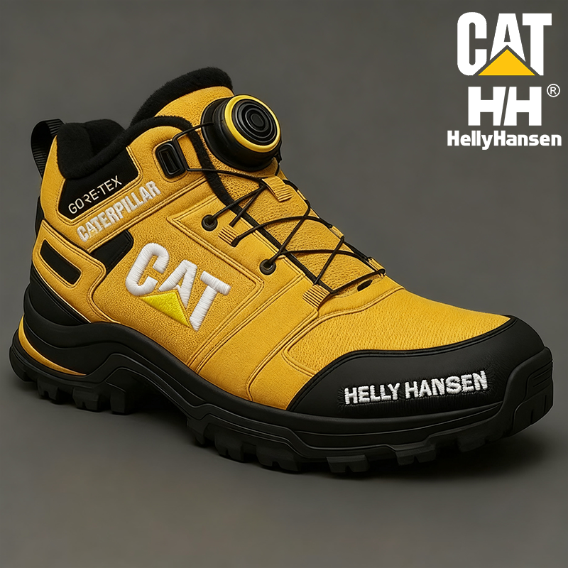 Meleg, téli, vízálló és átszúrásálló férfi munkabakancs a CAT-tól és a Helly Hansen-től.