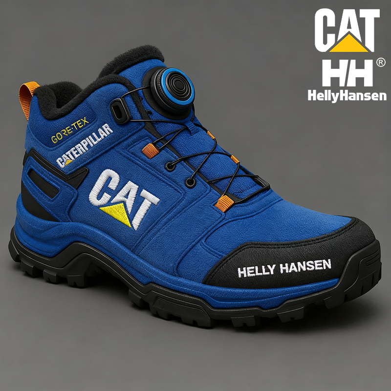 Meleg, téli, vízálló és átszúrásálló férfi munkabakancs a CAT-tól és a Helly Hansen-től.