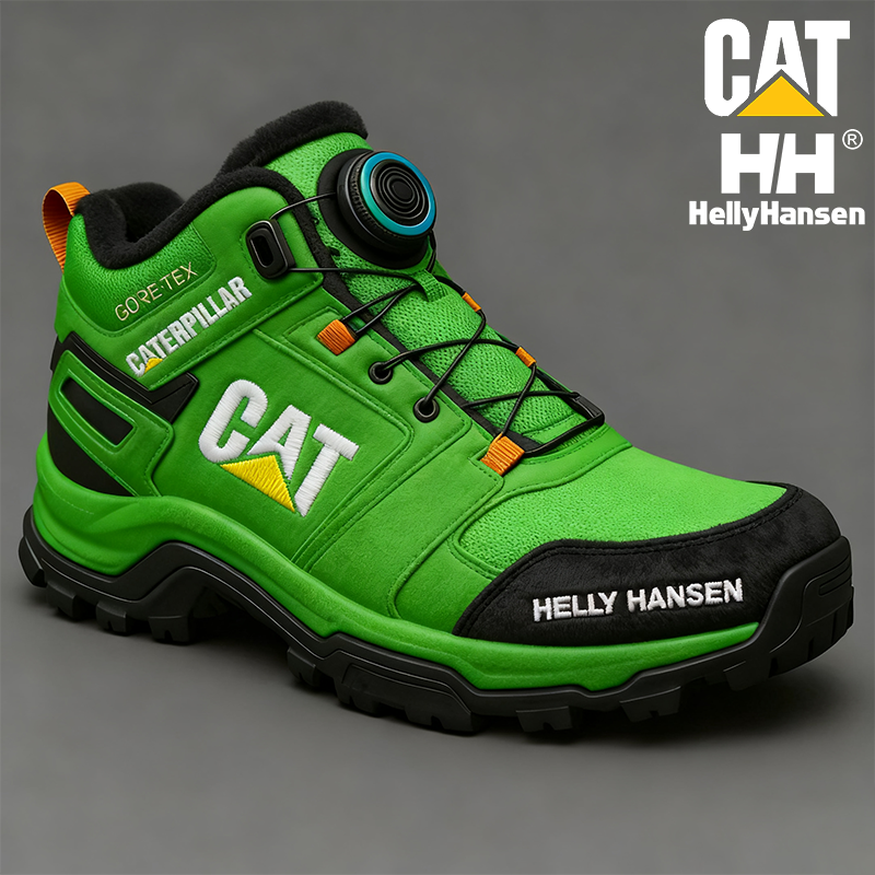 Meleg, téli, vízálló és átszúrásálló férfi munkabakancs a CAT-tól és a Helly Hansen-től.