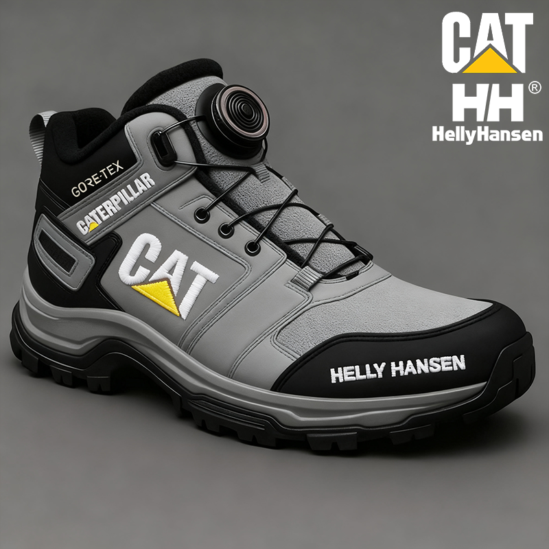 Meleg, téli, vízálló és átszúrásálló férfi munkabakancs a CAT-tól és a Helly Hansen-től.