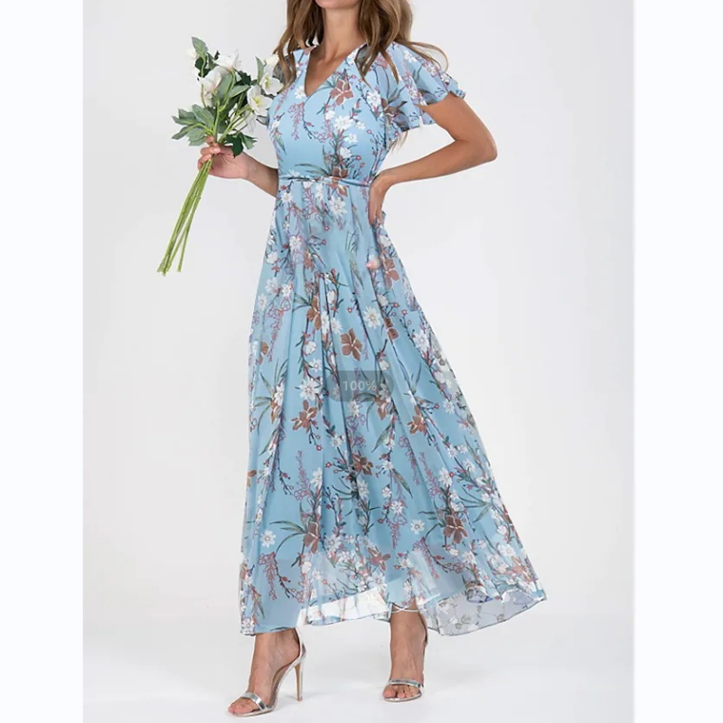 💐 Leight Maxi ruha virágmintás és rövid ujjú
