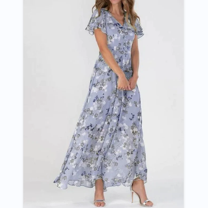 💐 Leight Maxi ruha virágmintás és rövid ujjú